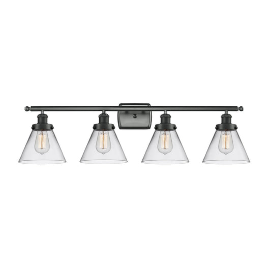 Innovations Cone 38in 4-Light Bath Vanity Light | Industrial Matte Black Steel and Clear Glass | Bathroom Vanity | Model 916-4W-BK-G42-LED