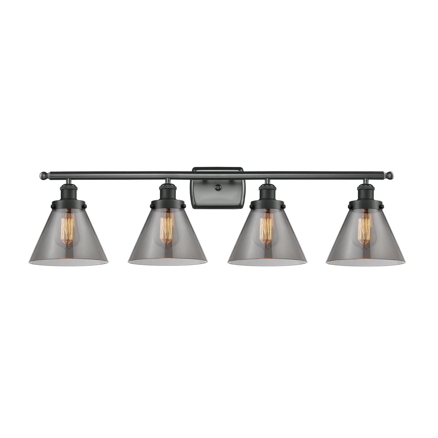 Innovations Cone 38in 4-Light Bath Vanity Light | Industrial Matte Black Steel and Light Smoke Glass | Bathroom Vanity | Model 916-4W-BK-G43