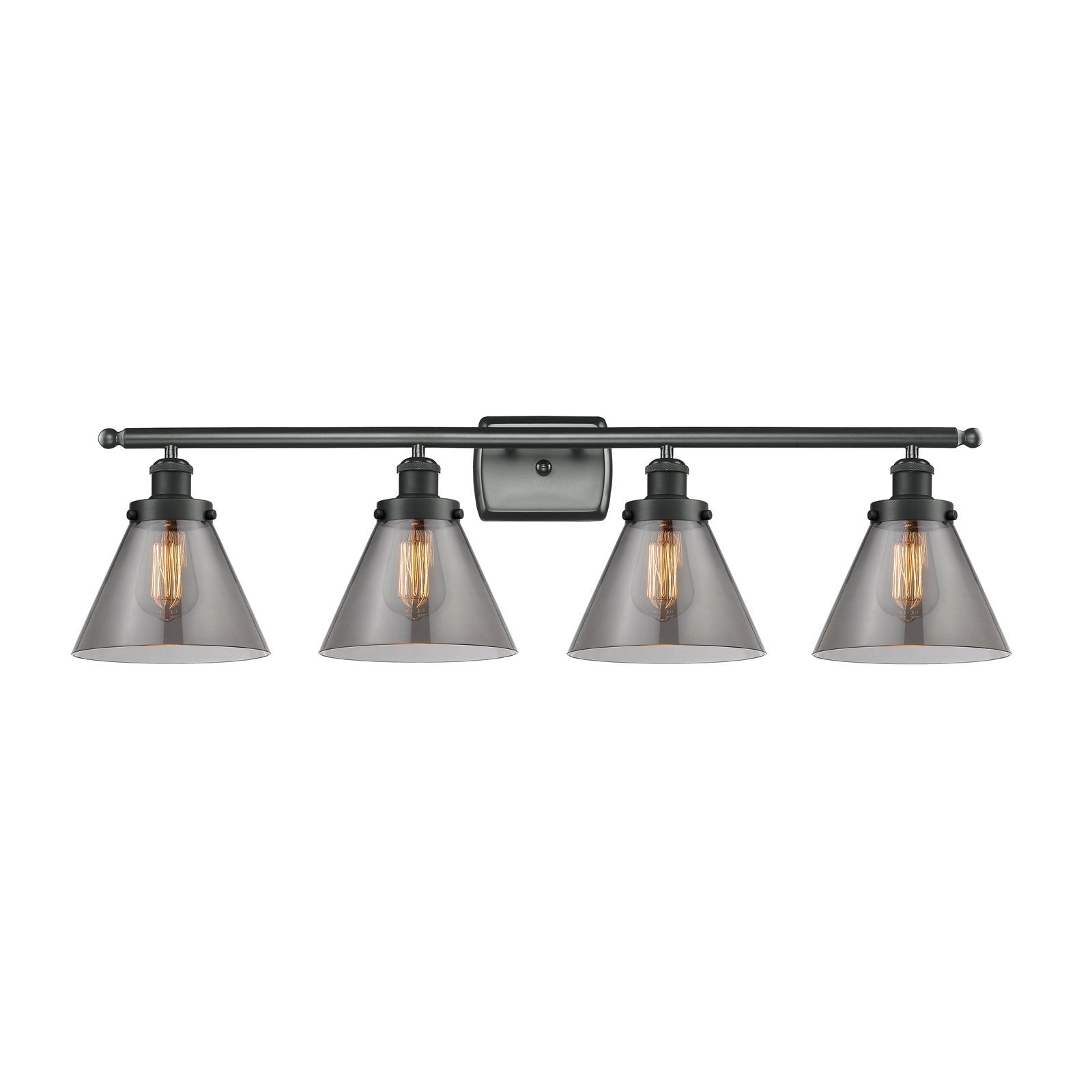 Innovations Cone 38in 4-Light Bath Vanity Light | Industrial Matte Black Steel and Light Smoke Glass | Bathroom Vanity | Model 916-4W-BK-G43