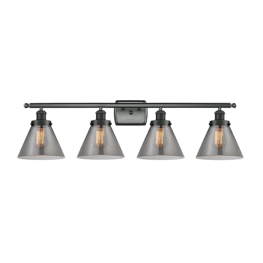 Innovations Cone 38in 4-Light Bath Vanity Light | Industrial Matte Black Steel and Light Smoke Glass | Bathroom Vanity | Model 916-4W-BK-G43