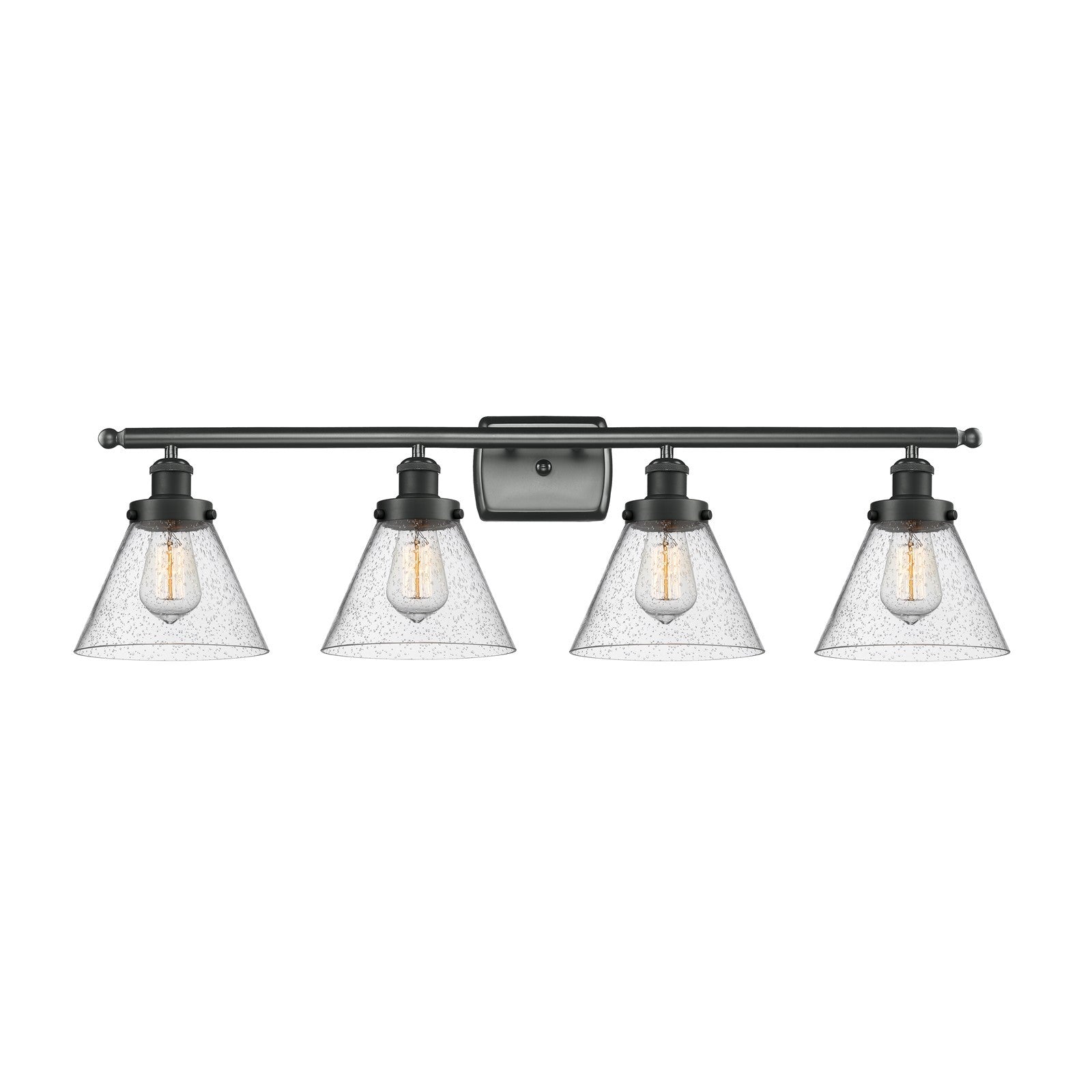 Innovations Cone 38in 4-Light Bath Vanity Light | Industrial Matte Black Steel and Seedy Glass | Bathroom Vanity | Model 916-4W-BK-G44