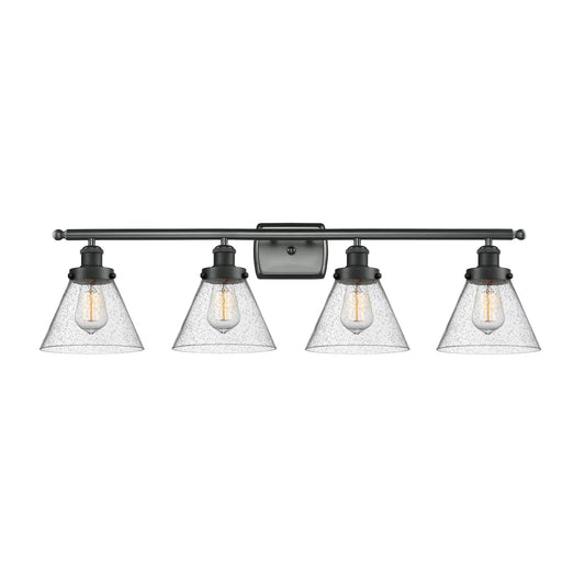 Innovations Cone 38in 4-Light Bath Vanity Light | Industrial Matte Black Steel and Seedy Glass | Bathroom Vanity | Model 916-4W-BK-G44