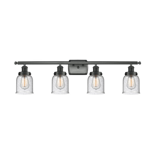 Innovations Bell 36in 4-Light Bath Vanity Light | Industrial Matte Black Steel and Seedy Glass | Bathroom Vanity | 36 x 12 x 6.5 in | Model 916-4W-BK-G54