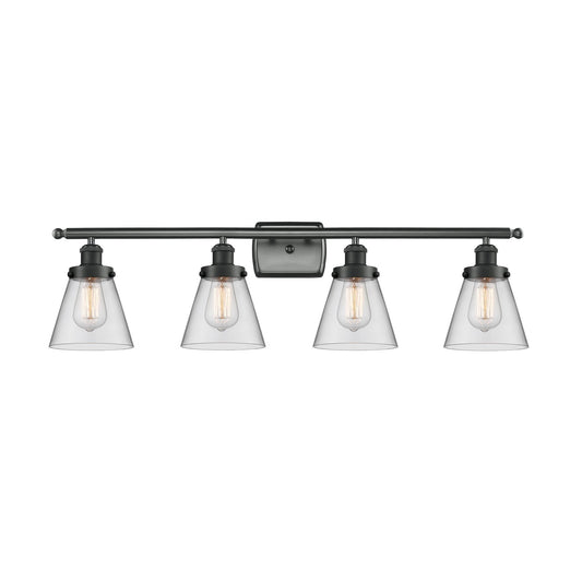 Innovations Cone 36in 4-Light Bath Vanity Light | Industrial Matte Black Steel and Clear Glass | Bathroom Vanity | 36 x 11 x 8 in | Model 916-4W-BK-G62-LED