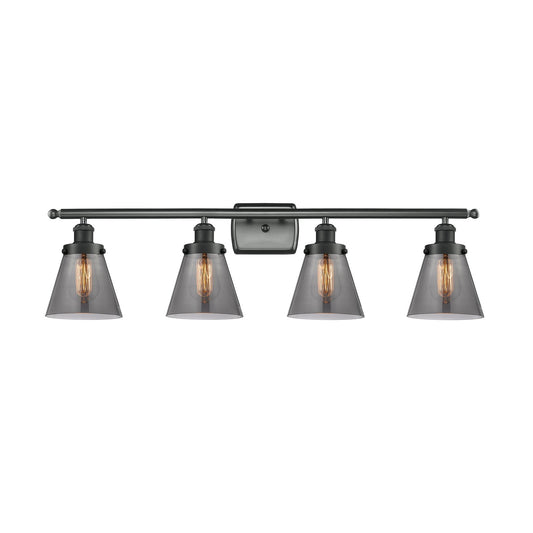 Innovations Cone 36in 4-Light Bath Vanity Light | Industrial Matte Black Steel and Light Smoke Glass | Bathroom Vanity | Model 916-4W-BK-G63