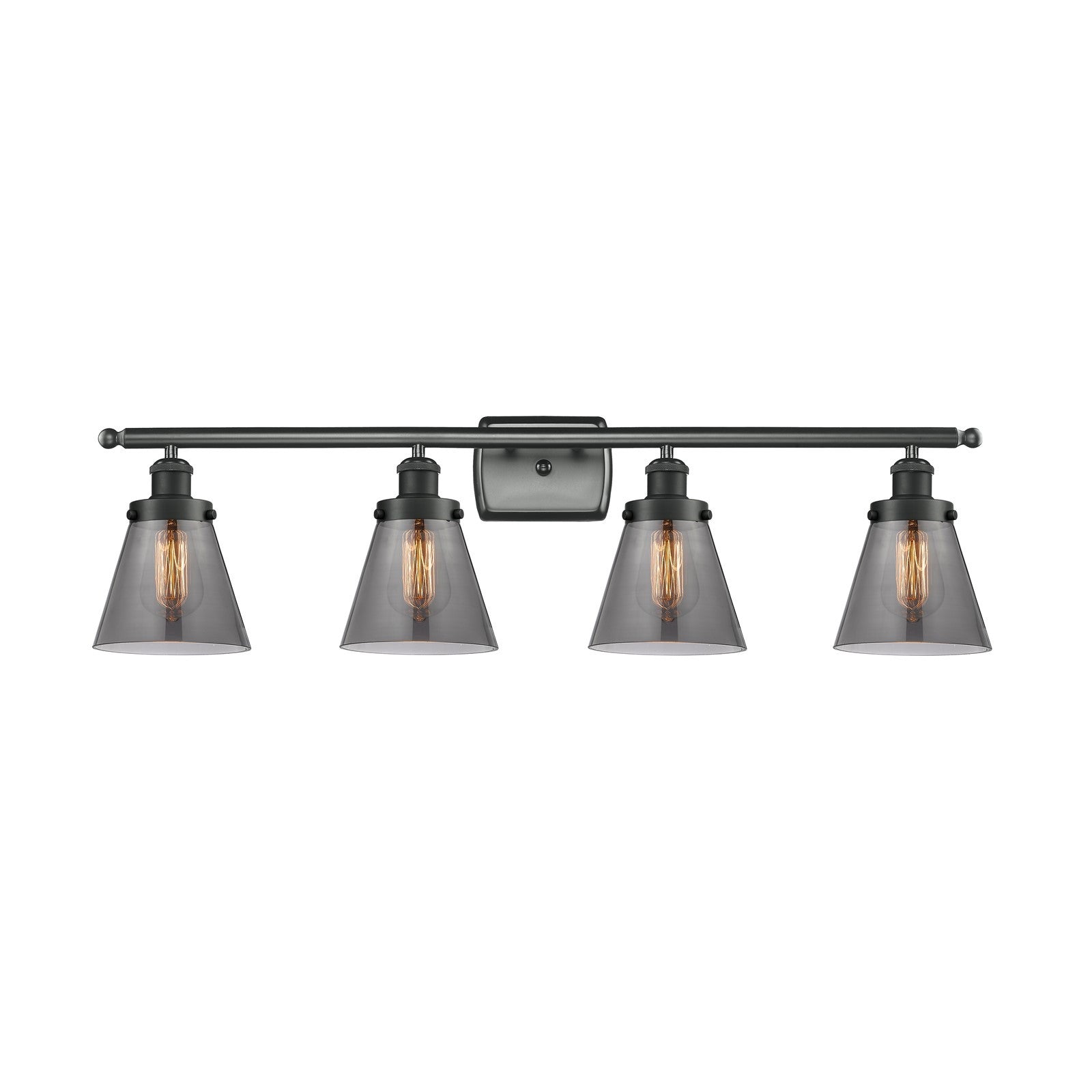 Innovations Cone 36in 4-Light Bath Vanity Light | Industrial Matte Black Steel and Light Smoke Cone Glass | Bathroom Vanity | Model 916-4W-BK-G63-LED