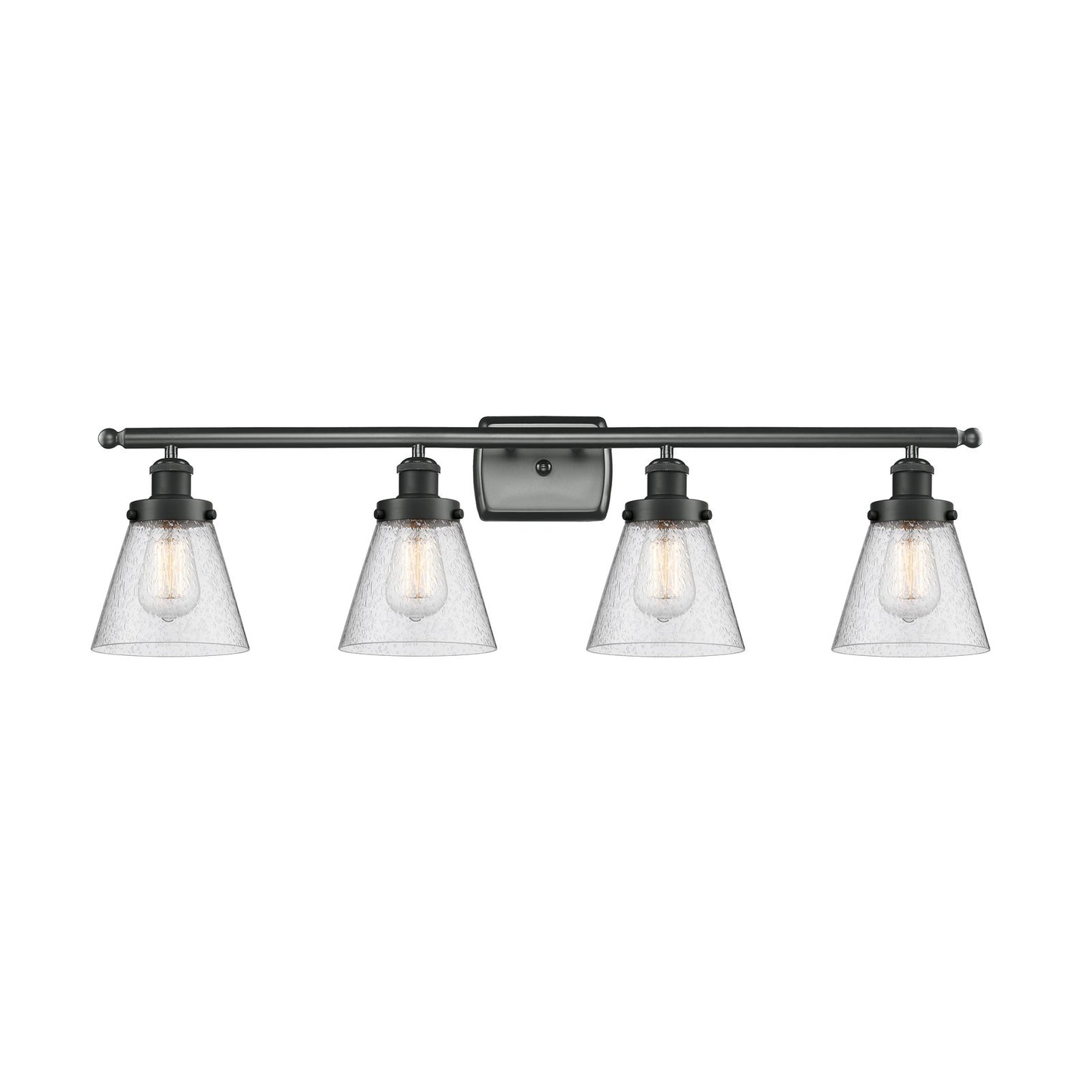 Innovations Cone 36in 4-Light Bath Vanity Light | Industrial Matte Black Steel and Seedy Glass | Bathroom Vanity | 36 x 11 x 8 in | Model 916-4W-BK-G64