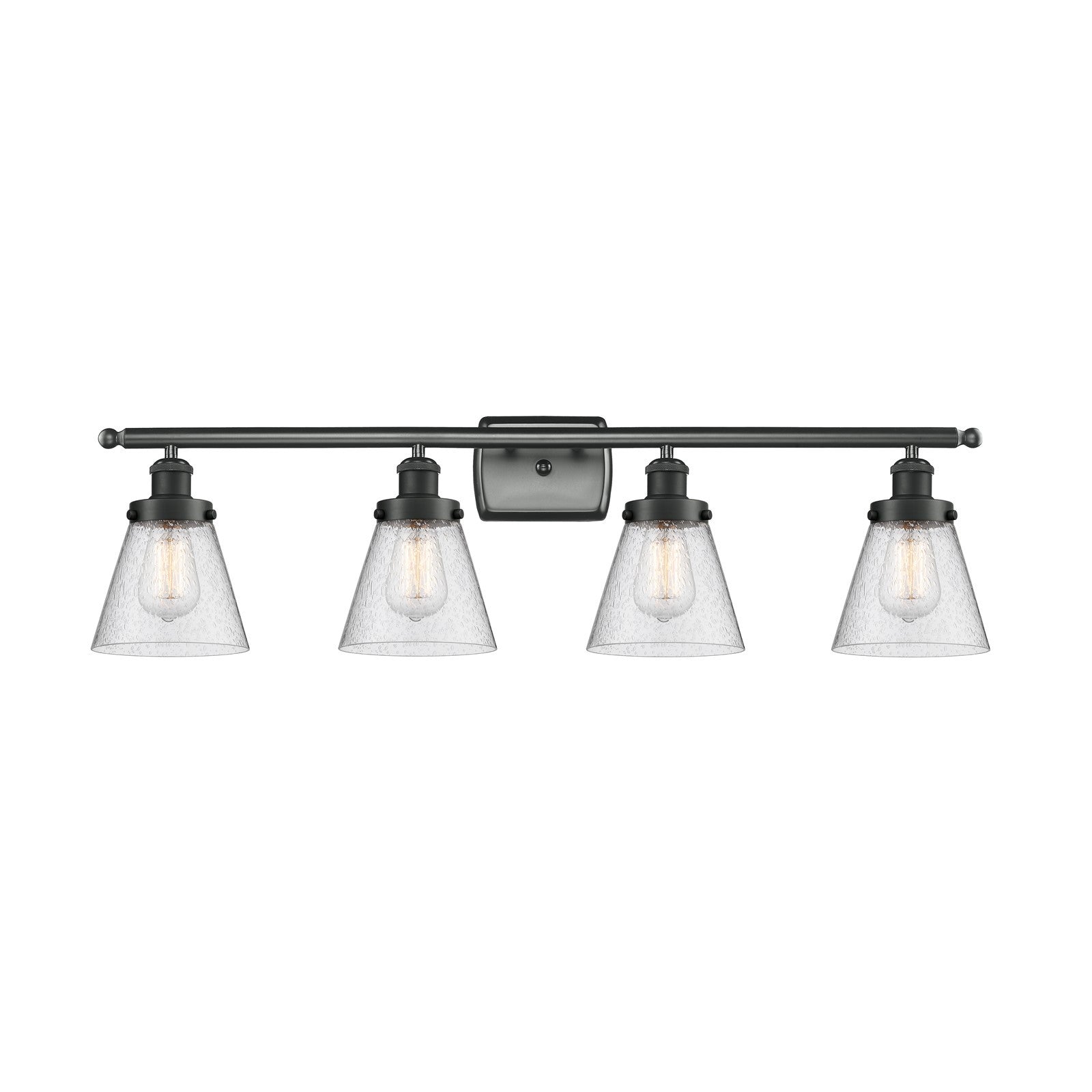 Innovations Cone 36in 4-Light Bath Vanity Light | Industrial Matte Black Steel and Seedy Glass | Bathroom Vanity | 36 x 11 x 8 in | Model 916-4W-BK-G64