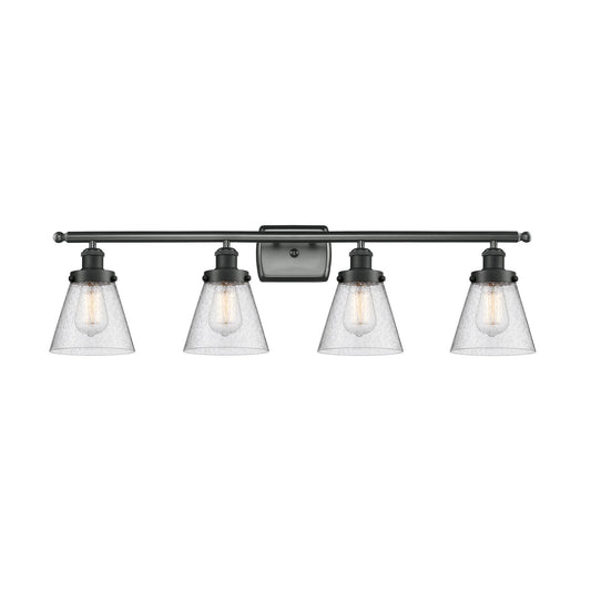 Innovations Cone 36in 4-Light Bath Vanity Light | Industrial Matte Black Steel and Seedy Glass | Bathroom Vanity | 36 x 11 x 8 in | Model 916-4W-BK-G64-LED