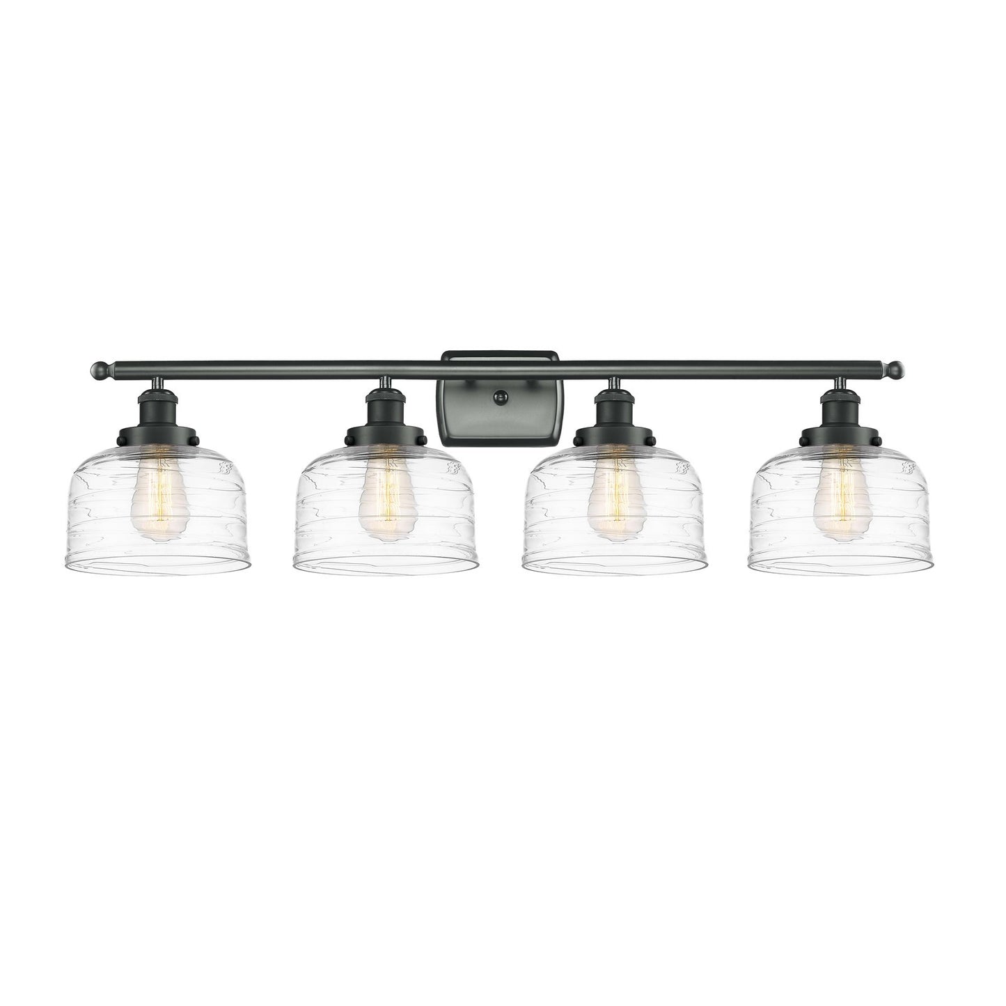 Innovations Bell 38in 4-Light Bath Vanity Light | Industrial Matte Black Steel and Clear Deco Swirl Glass | Bathroom Vanity | Model 916-4W-BK-G713