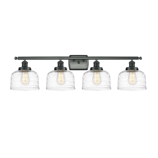 Innovations Bell 38in 4-Light Bath Vanity Light | Industrial Matte Black Steel and Clear Deco Swirl Glass | Bathroom Vanity | Model 916-4W-BK-G713