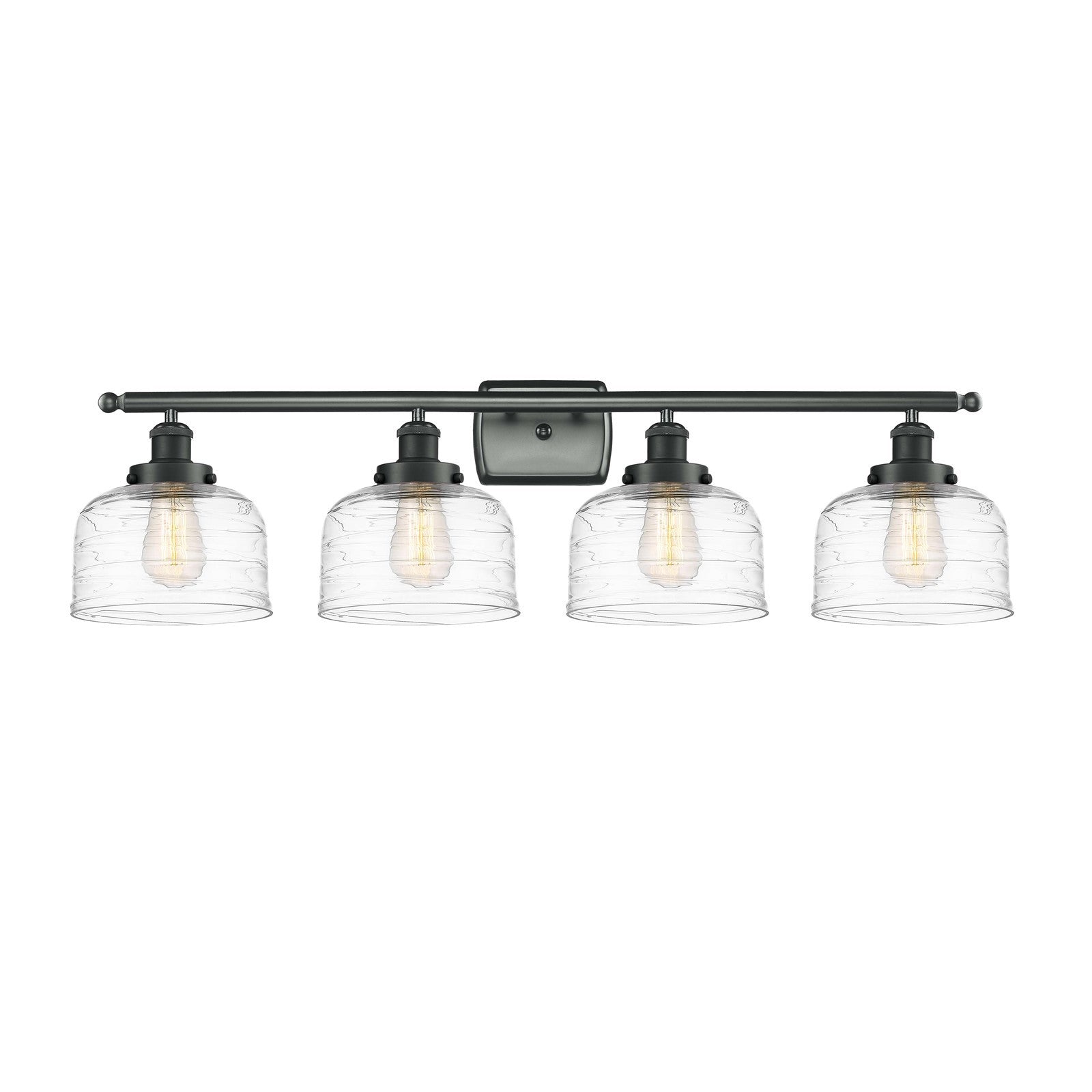 Innovations Bell 38in 4-Light Bath Vanity Light | Industrial Matte Black Steel and Clear Deco Swirl Glass | Bathroom Vanity | Model 916-4W-BK-G713-LED