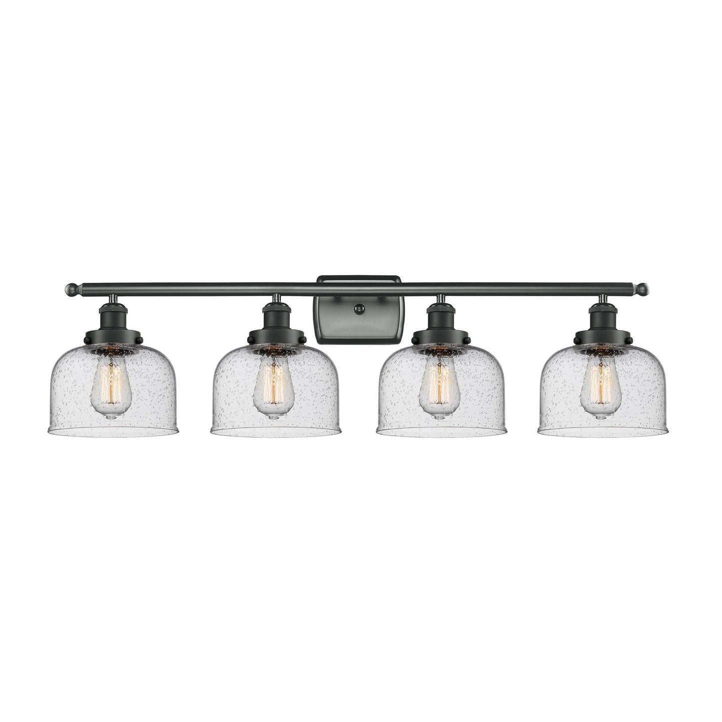 Innovations Bell 38in 4-Light Bath Vanity Light | Industrial Matte Black Steel and Seedy Glass | Bathroom Vanity | 38 x 11 in | Model 916-4W-BK-G74-LED