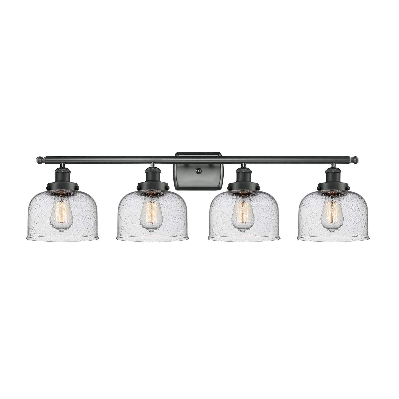 Innovations Bell 38in 4-Light Bath Vanity Light | Industrial Matte Black Steel and Seedy Glass | Bathroom Vanity | 38 x 11 in | Model 916-4W-BK-G74-LED