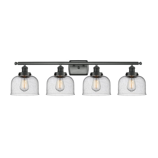 Innovations Bell 38in 4-Light Bath Vanity Light | Industrial Matte Black Steel and Seedy Glass | Bathroom Vanity | 38 x 11 in | Model 916-4W-BK-G74-LED