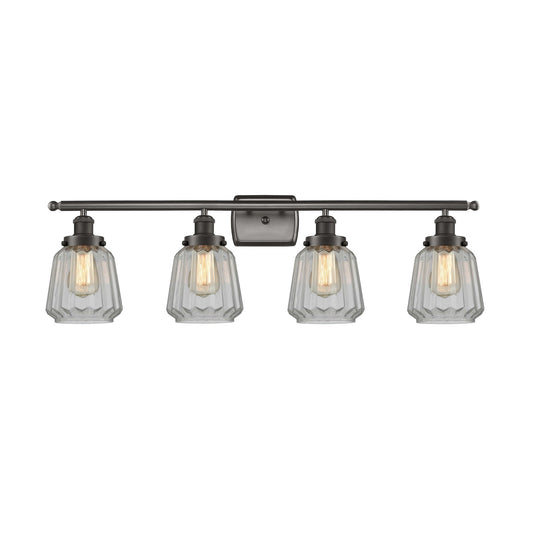 Innovations Chatham 37in 4-Light Bath Vanity Light | Modern Transitional Oil Rubbed Bronze Steel and Cast Brass with Clear Ribbed | Model 916-4W-OB-G142