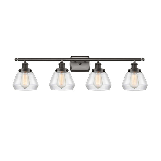 Innovations Fulton 37in 4-Light Bath Vanity Light | Oil Rubbed Bronze Steel and Clear Glass Schoolhouse Shade | Bathroom Vanity | Model 916-4W-OB-G172