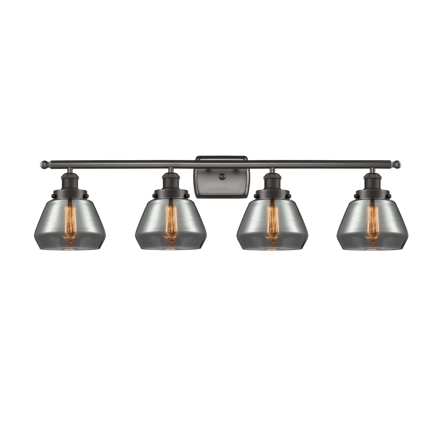 Innovations Fulton 37in 4-Light Bath Vanity Light | Oil Rubbed Bronze Steel and Light Smoke Glass Schoolhouse Shade | Bathroom | Model 916-4W-OB-G173