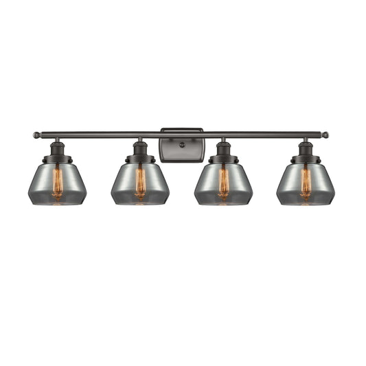 Innovations Fulton 37in 4-Light Bath Vanity Light | Oil Rubbed Bronze Steel and Light Smoke Glass Schoolhouse Shade | Bathroom | Model 916-4W-OB-G173