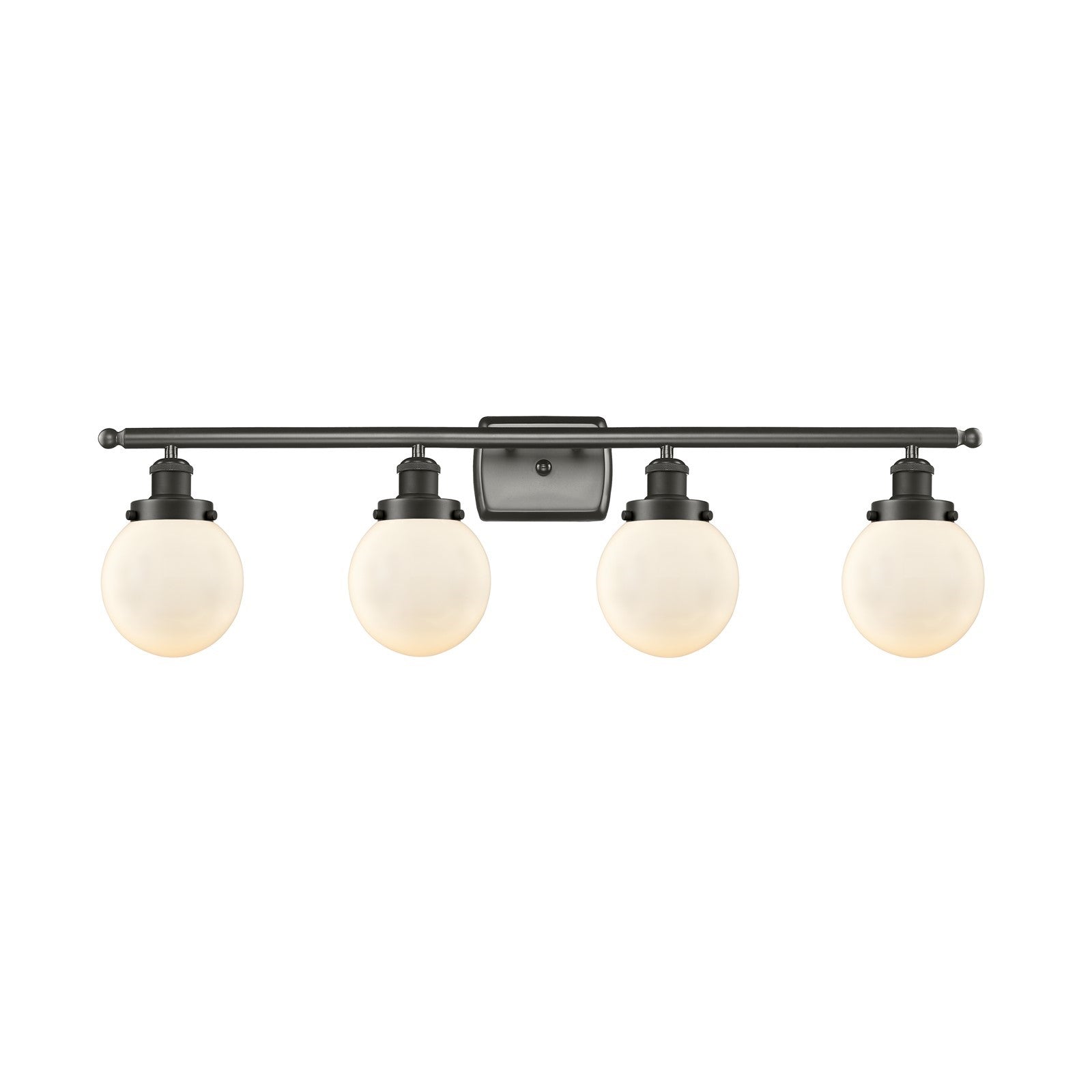Innovations Beacon 36in 4-Light Bath Vanity | Oil Rubbed Bronze Steel and Matte White Frosted Glass Globe Shade | Bathroom Vanity | Model 916-4W-OB-G201-6