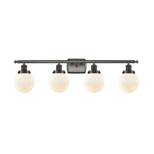Innovations Beacon 36in 4-Light Bath Vanity | Oil Rubbed Bronze Steel and Matte White Frosted Glass Globe Shade | Bathroom Vanity | Model 916-4W-OB-G201-6