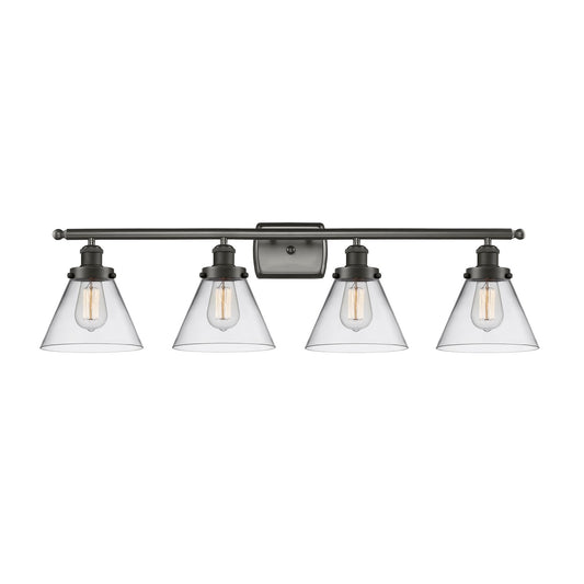 Innovations Cone 38in 4-Light Bath Vanity Light | Oil Rubbed Bronze Steel and Cast Brass with Clear Glass Cone Shades | Bathroom | Model 916-4W-OB-G42
