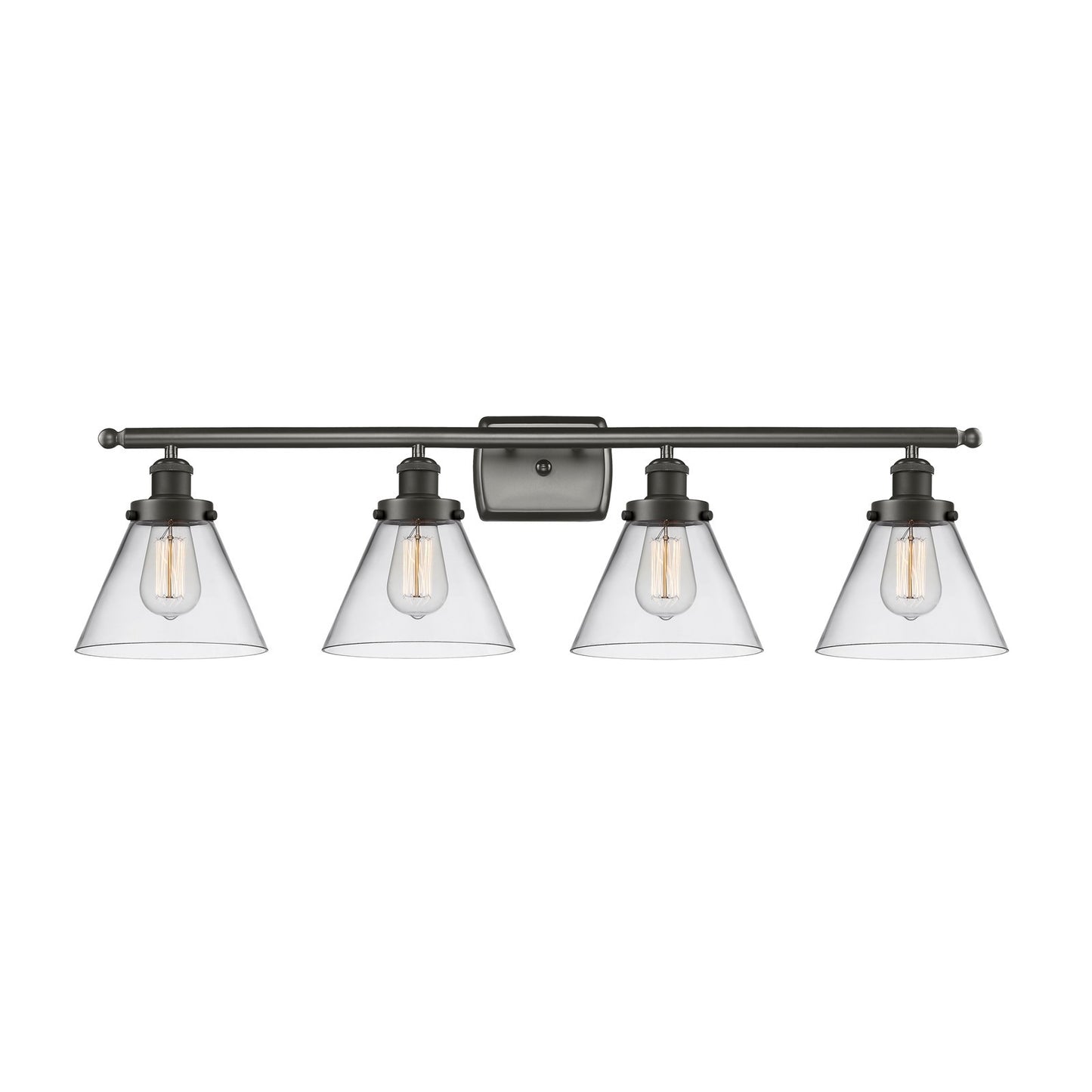 Innovations Cone 38in 4-Light Bath Vanity Light | Oil Rubbed Bronze Steel and Cast Brass with Clear Glass Cone Shades | Bathroom | Model 916-4W-OB-G42-LED
