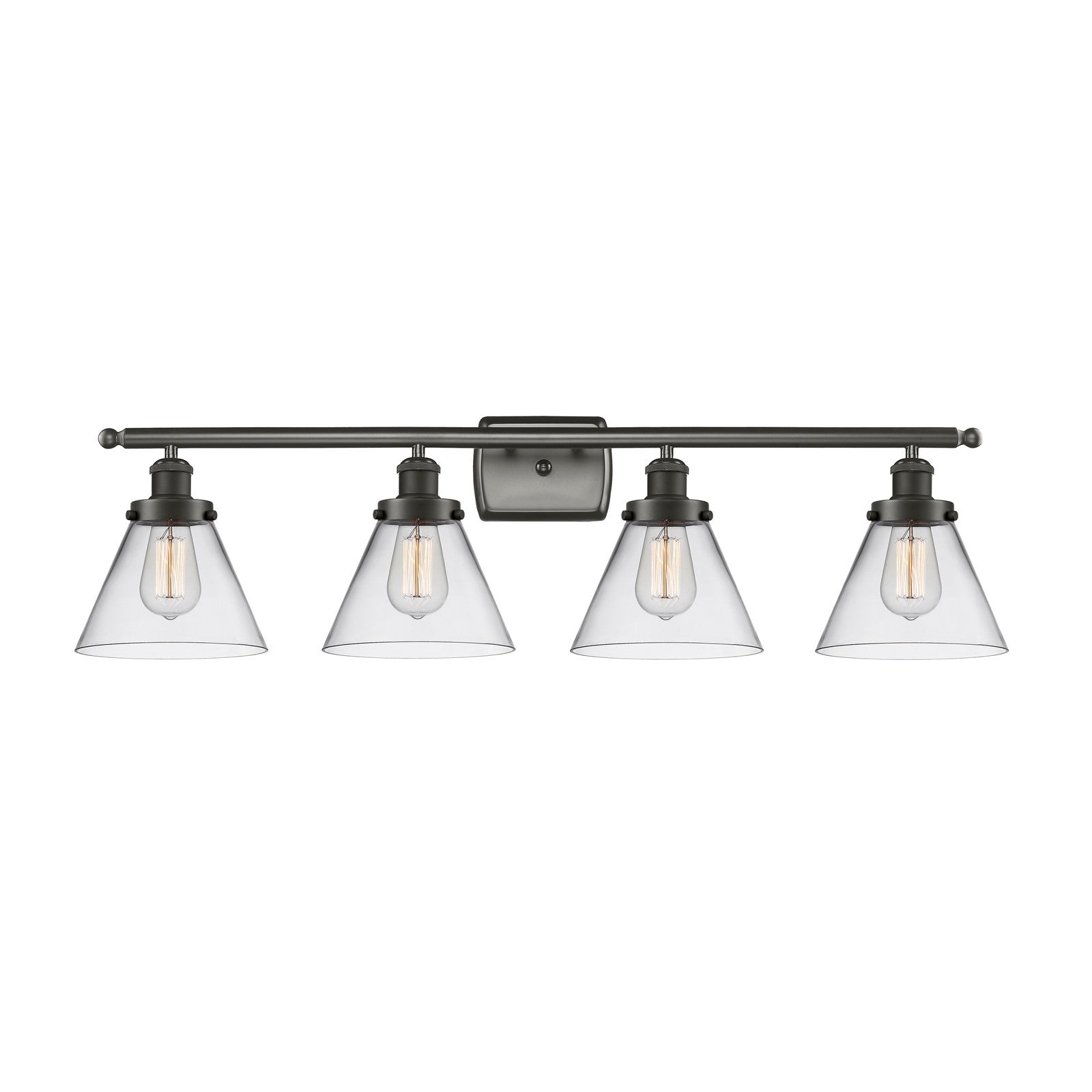 Innovations Cone 38in 4-Light Bath Vanity Light | Oil Rubbed Bronze Steel and Cast Brass with Clear Glass Cone Shades | Bathroom | Model 916-4W-OB-G42-LED