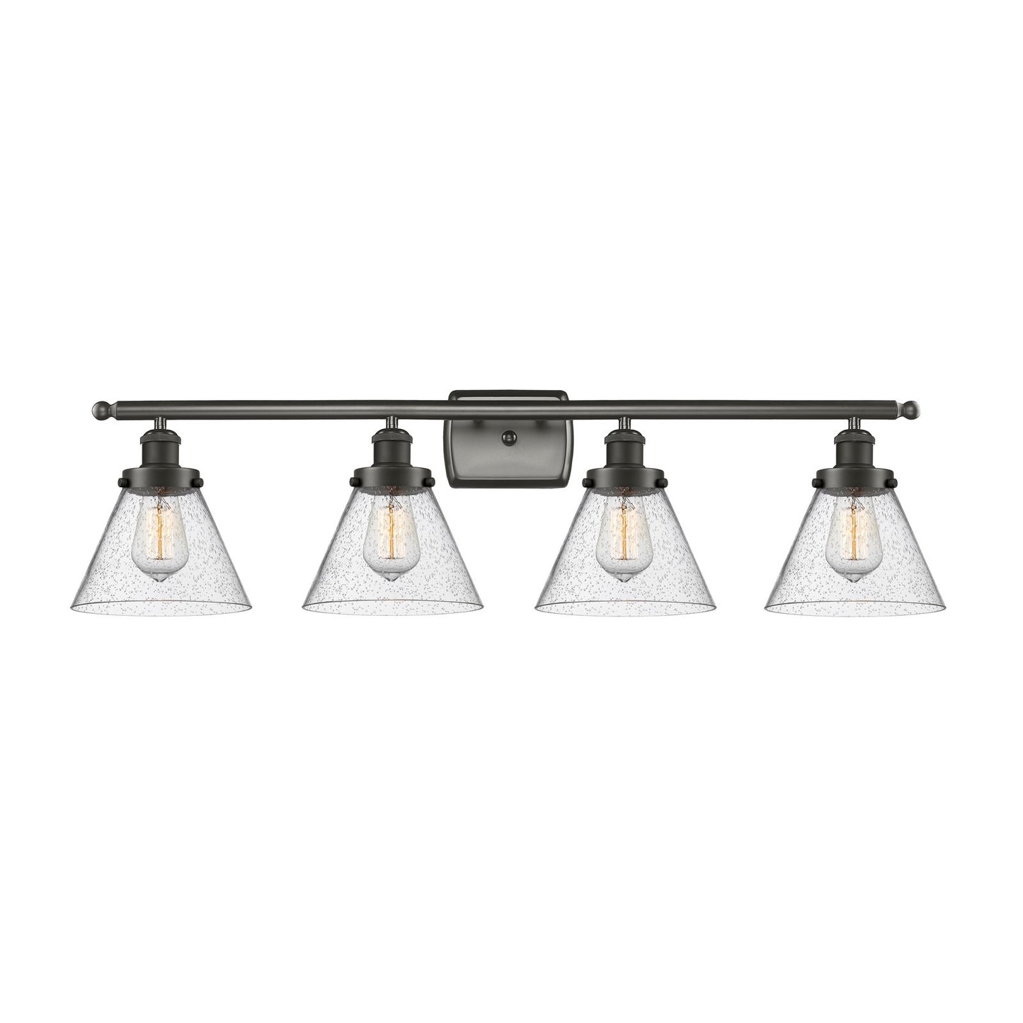 Innovations Cone 38in 4-Light Bath Vanity Light | Industrial Oil Rubbed Bronze Steel and Seedy Glass | Bathroom Vanity | Model 916-4W-OB-G44