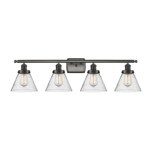 Innovations Cone 38in 4-Light Bath Vanity Light | Industrial Oil Rubbed Bronze Steel and Seedy Glass | Bathroom Vanity | Model 916-4W-OB-G44-LED