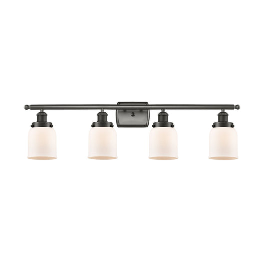 Innovations Bell 36in 4-Light Bath Vanity Light | Industrial Oil Rubbed Bronze Steel and Matte White Frosted Glass | Bathroom Vanity | Model 916-4W-OB-G51