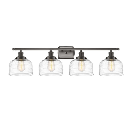 Innovations Bell 38in 4-Light Bath Vanity Light | Industrial Oil Rubbed Bronze Steel and Clear Deco Swirl Glass | Bathroom | Model 916-4W-OB-G713-LED