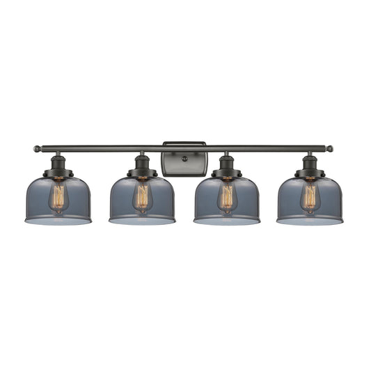 Innovations Bell 38in 4-Light Bath Vanity Light | Industrial Oil Rubbed Bronze Steel and Light Smoke Glass | Bathroom Vanity | Model 916-4W-OB-G73