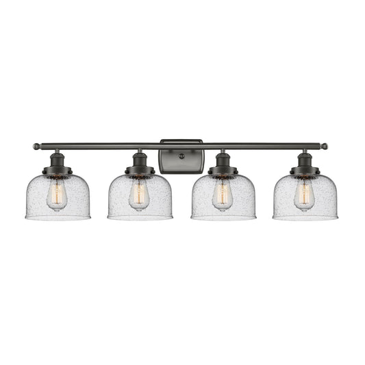 Innovations Bell 38in 4-Light Bath Vanity Light | Industrial Oil Rubbed Bronze Steel and Seedy Glass | Bathroom Vanity | Model 916-4W-OB-G74-LED