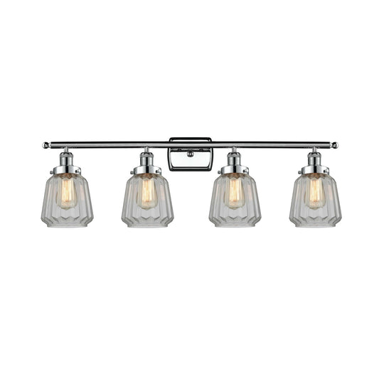 Innovations Chatham 37in 4-Light Bath Vanity Light | Modern Transitional Polished Chrome Steel and Clear Ribbed Glass Shades | Model 916-4W-PC-G142