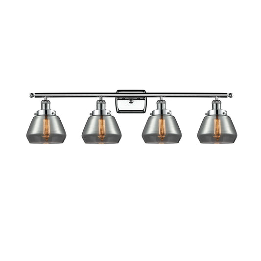 Innovations Fulton 37in 4-Light Bath Vanity Light | Modern Contempo Polished Chrome and Light Smoke Glass Schoolhouse Shade | Model 916-4W-PC-G173