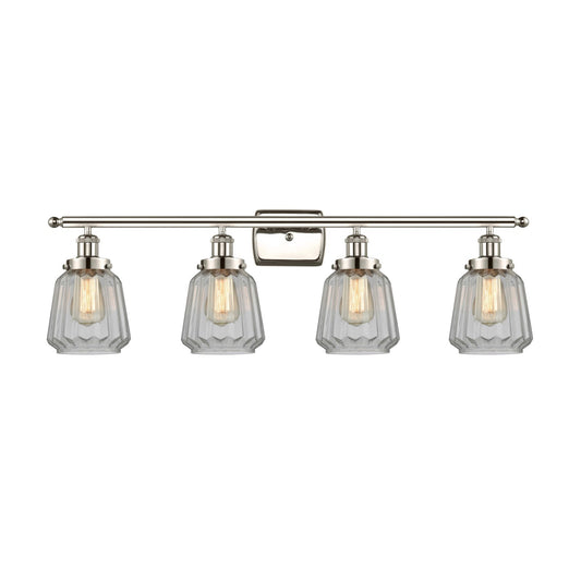 Innovations Chatham 37in 4-Light Bath Vanity Light | Modern Transitional Polished Nickel Steel and Clear Ribbed Glass Shades | Model 916-4W-PN-G142