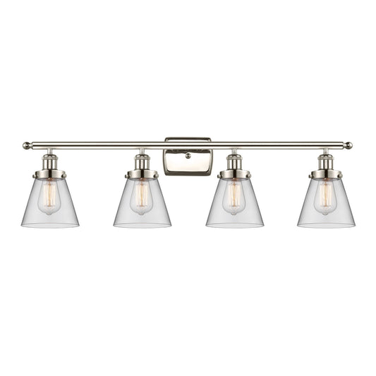 Innovations Cone 36in 4-Light Bath Vanity Light | Industrial Polished Nickel Steel and Clear Glass | Bathroom Vanity | Model 916-4W-PN-G62-LED
