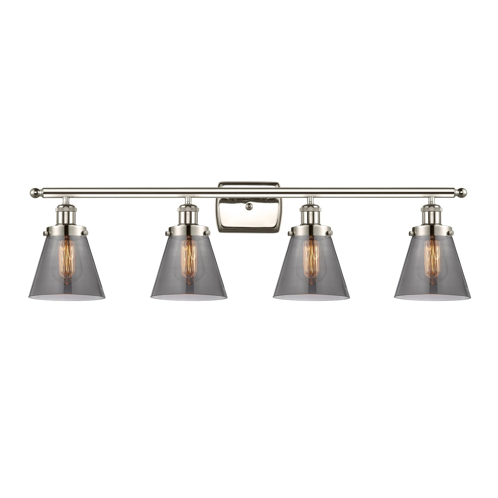 Innovations Cone 36in 4-Light Bath Vanity Light | Industrial Polished Nickel Steel and Light Smoke Glass | Bathroom Vanity | Model 916-4W-PN-G63