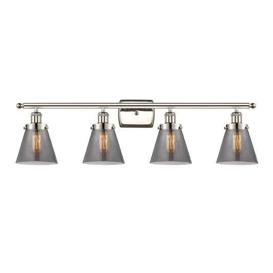 Innovations Cone 36in 4-Light Bath Vanity Light | Industrial Polished Nickel Steel and Light Smoke Glass | Bathroom Vanity | Model 916-4W-PN-G63