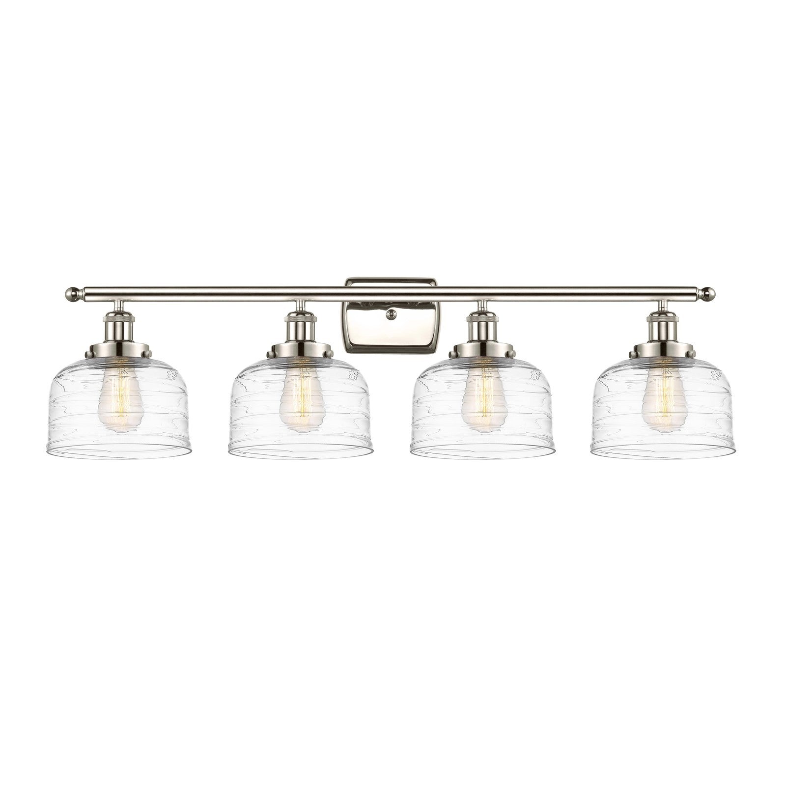 Innovations Bell 38in 4-Light Bath Vanity Light | Industrial Polished Nickel Steel and Clear Deco Swirl Glass | Bathroom Vanity | Model 916-4W-PN-G713