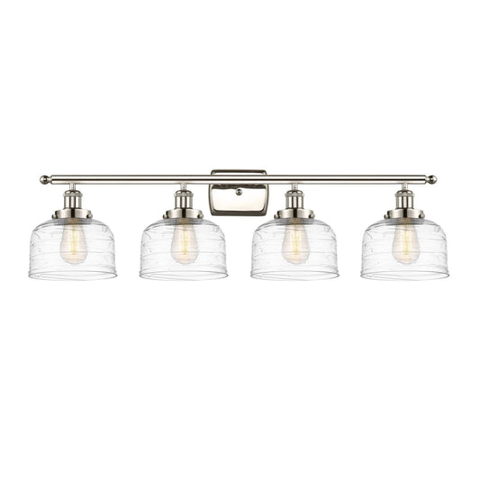 Innovations Bell 38in 4-Light Bath Vanity Light | Industrial Polished Nickel Steel and Clear Deco Swirl Glass | Bathroom Vanity | Model 916-4W-PN-G713-LED