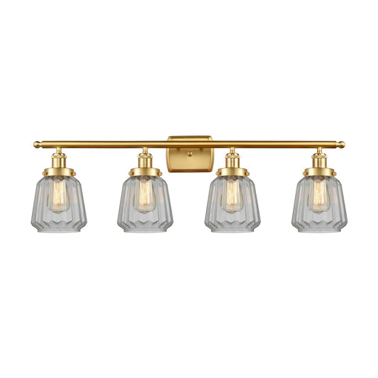 Innovations Chatham 37in 4-Light Bath Vanity Light | Modern Satin Gold and Clear Ribbed Glass | Bathroom Vanity | 37 x 12 in | Model 916-4W-SG-G142