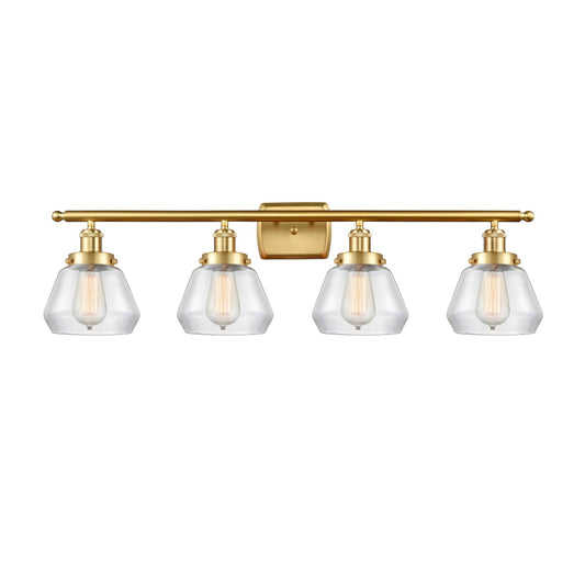 Innovations Fulton 37in 4-Light Bath Vanity Light | Modern Contempo Satin Gold Steel and Clear Glass | Bathroom Vanity | 37 x 9.5 in | Model 916-4W-SG-G172
