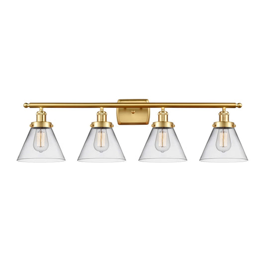 Innovations Cone 38in 4-Light Bath Vanity Light | Industrial Transitional Satin Gold Steel and Clear Glass | Bathroom Vanity & | Model 916-4W-SG-G42