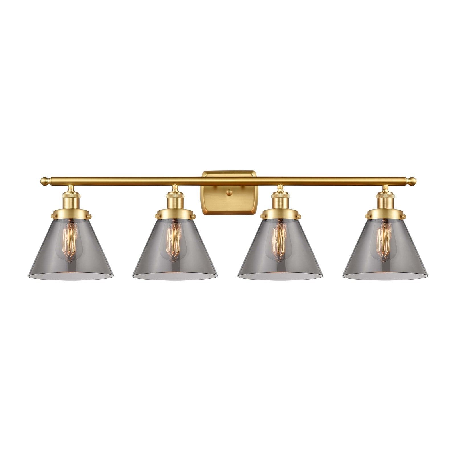 Innovations Cone 38in 4-Light Bath Vanity Light | Industrial Satin Gold Steel and Light Smoke Glass | Bathroom Vanity & Powder Room | Model 916-4W-SG-G43