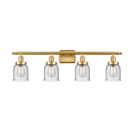 Innovations Bell 36in 4-Light Bath Vanity Light | Industrial Satin Gold Steel and Seedy Glass | Bathroom Vanity | 36 x 12 x 6.5 in | Model 916-4W-SG-G54