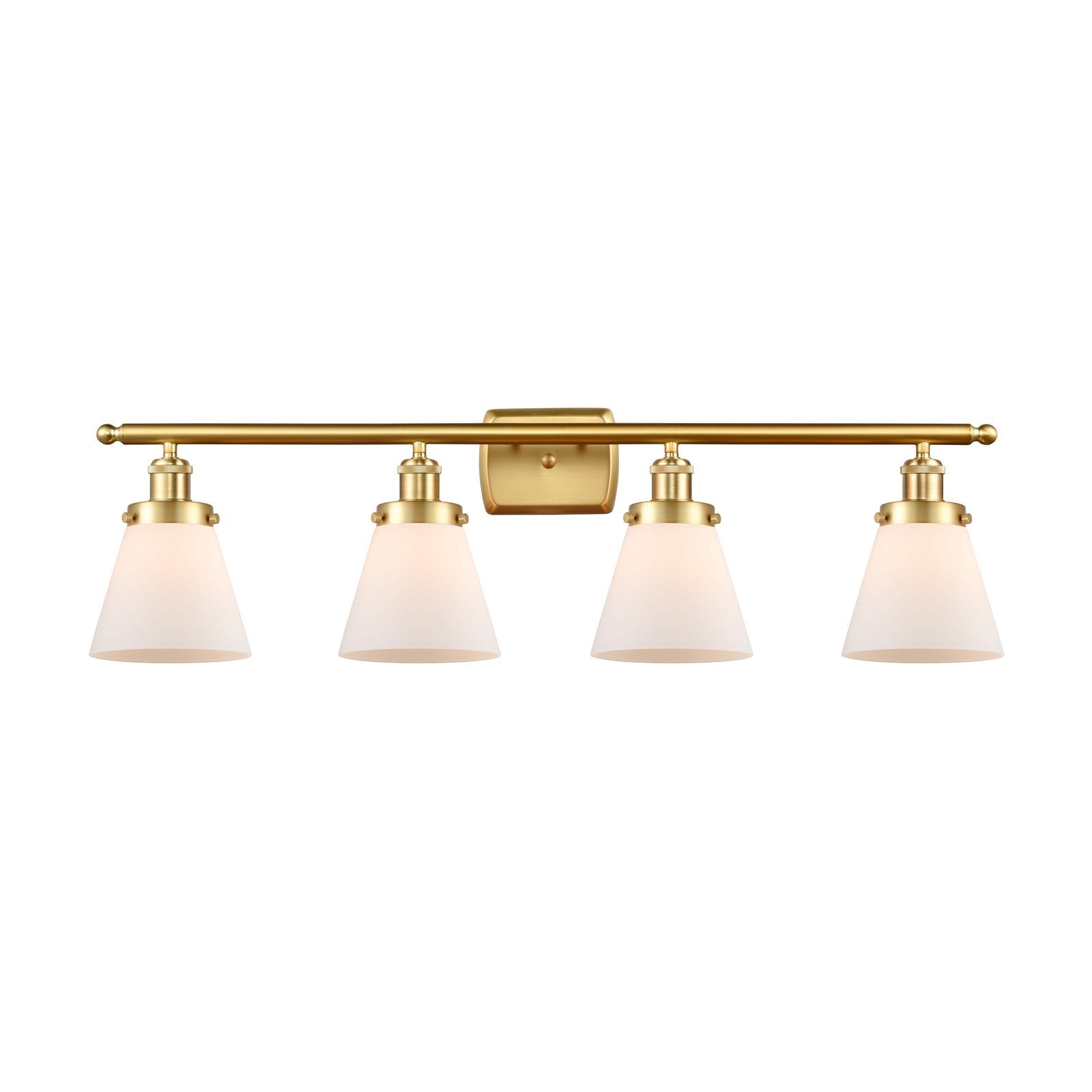 Innovations Cone 36in 4-Light Bath Vanity Light | Industrial Satin Gold Steel and Matte White Frosted Glass | Bathroom Vanity | Model 916-4W-SG-G61