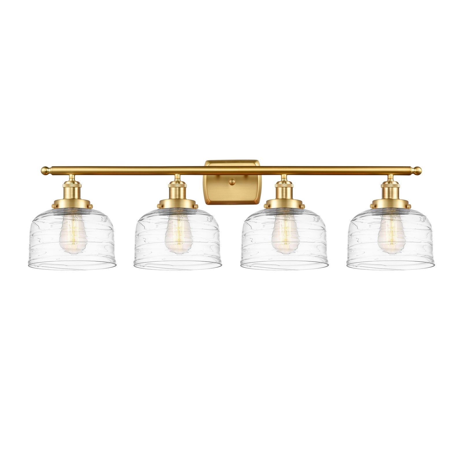 Innovations Bell 38in 4-Light Bath Vanity Light | Industrial Satin Gold Steel and Clear Deco Swirl Glass | Bathroom Vanity | Model 916-4W-SG-G713