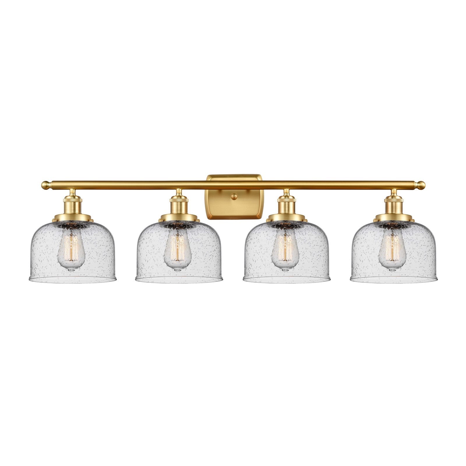 Innovations Bell 38in 4-Light Bath Vanity Light | Industrial Satin Gold Steel and Seedy Glass | Bathroom Vanity | 38 x 11 in | Model 916-4W-SG-G74